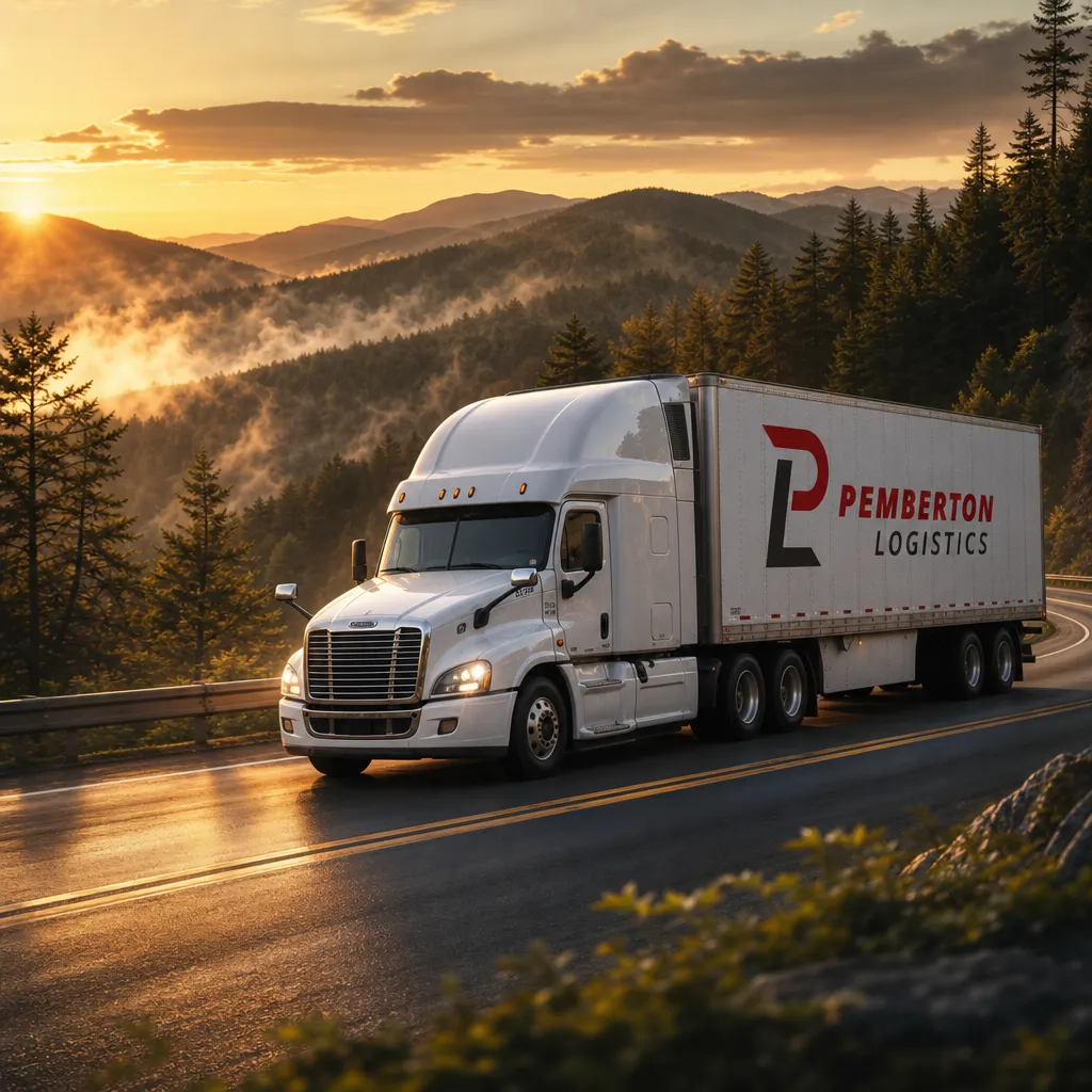 Forward quarter view of a Pemberton truck on the highway