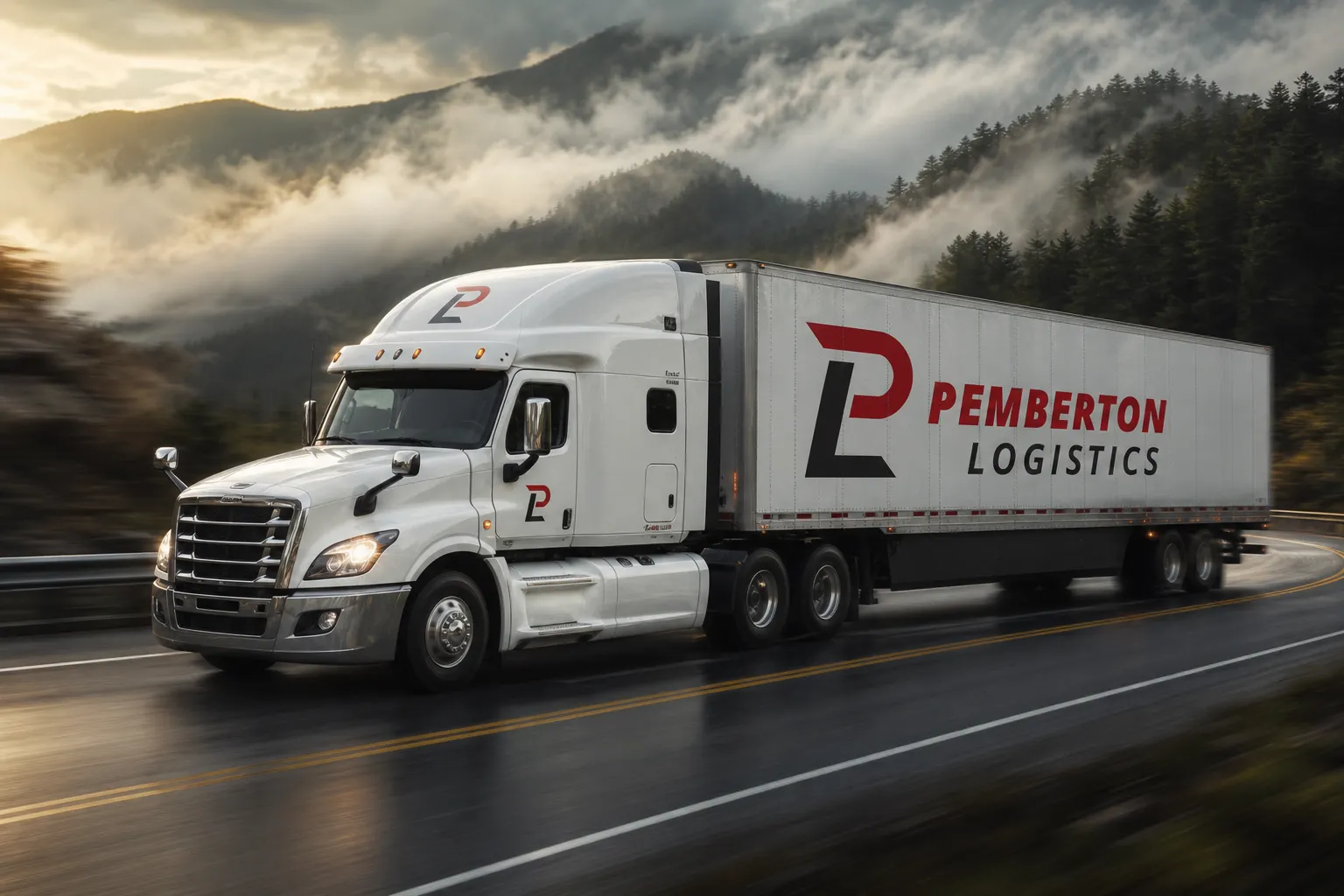 A Pemberton tractor-trailer running on the open highway